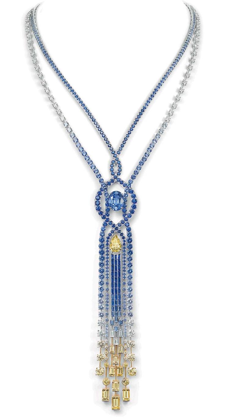 Chaumet Lumières d’Eau high jewellery necklace in white and yellow gold set with an oval-cut blue sapphire from Ceylon of 10.23ct, a pear-shaped VVS1 Fancy Yellow diamond of 3.77ct, blue and yellow sapphires, and diamonds.